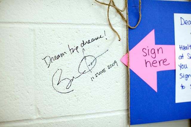 Photograph of President Barack Obama's signature on a wall in a health classroom at Southwest High School in Green Bay, Wisconsin by Pete Souza/White House. Obama was at the school for a town hall meeting on health care in June; the school's phys ed and health staff asked the President to sign the wall.